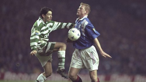 Classic action from the Scottish Premiership. Here, Rangers meet Celtic in the top flight back in a vital clash in the 1996-97 season.