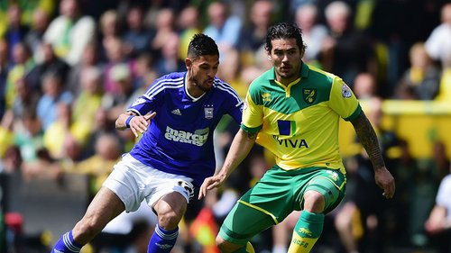 Relive some classic action from the English Football League. Here, East Anglian rivals Norwich City and Ipswich Town meet at Carrow Road in the Sky Bet play-offs in May 2015.